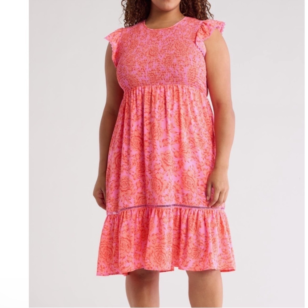 NWT Melrose And Market Pink Floral Smocked Flutter Sleeve Midi Dress